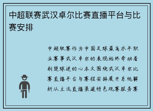 中超联赛武汉卓尔比赛直播平台与比赛安排